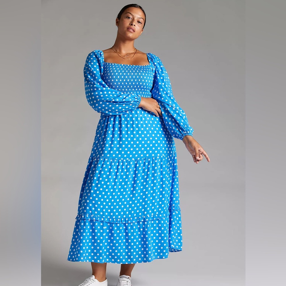 Anthropologie Dolan Left Coast Smocked Midi Dress blue polka dot size XL NWT